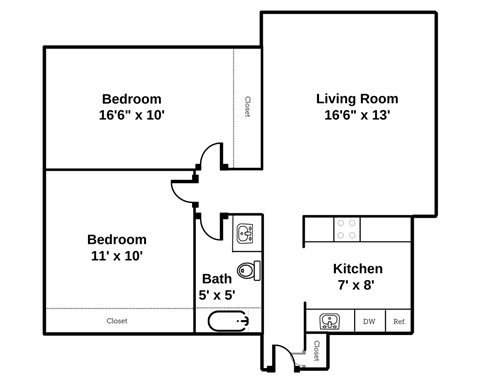 2 bedroom, one bathroom, small floor plan